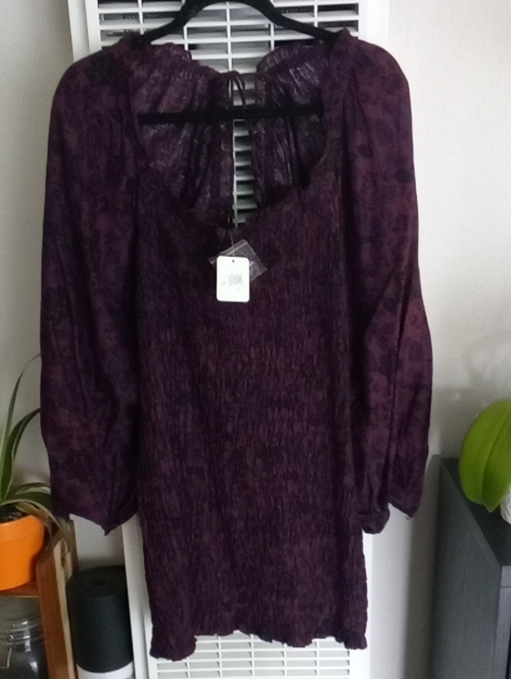 NWT Free People Deep Purple Smocked Dress with Tie Back